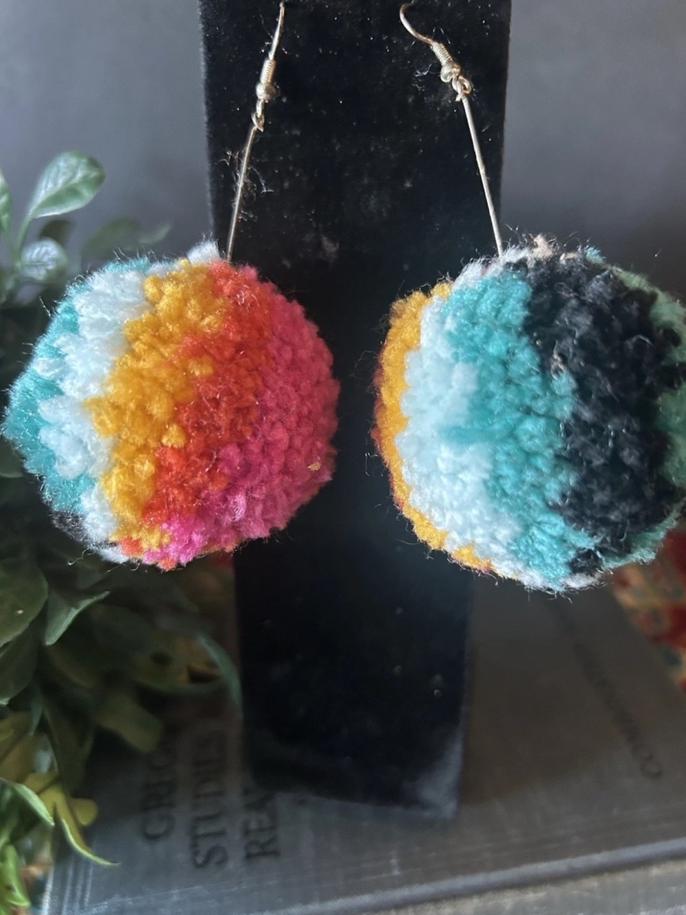 Multicolor Pom Pom Dangle Drop Yarn Earrings Boho Excellent Condition 2” - Picture 1 of 4
